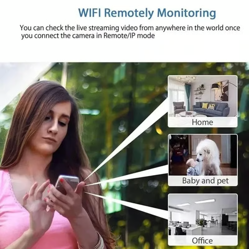 Mini HD Security Camera live viewing on a smartphone with home, baby and office views