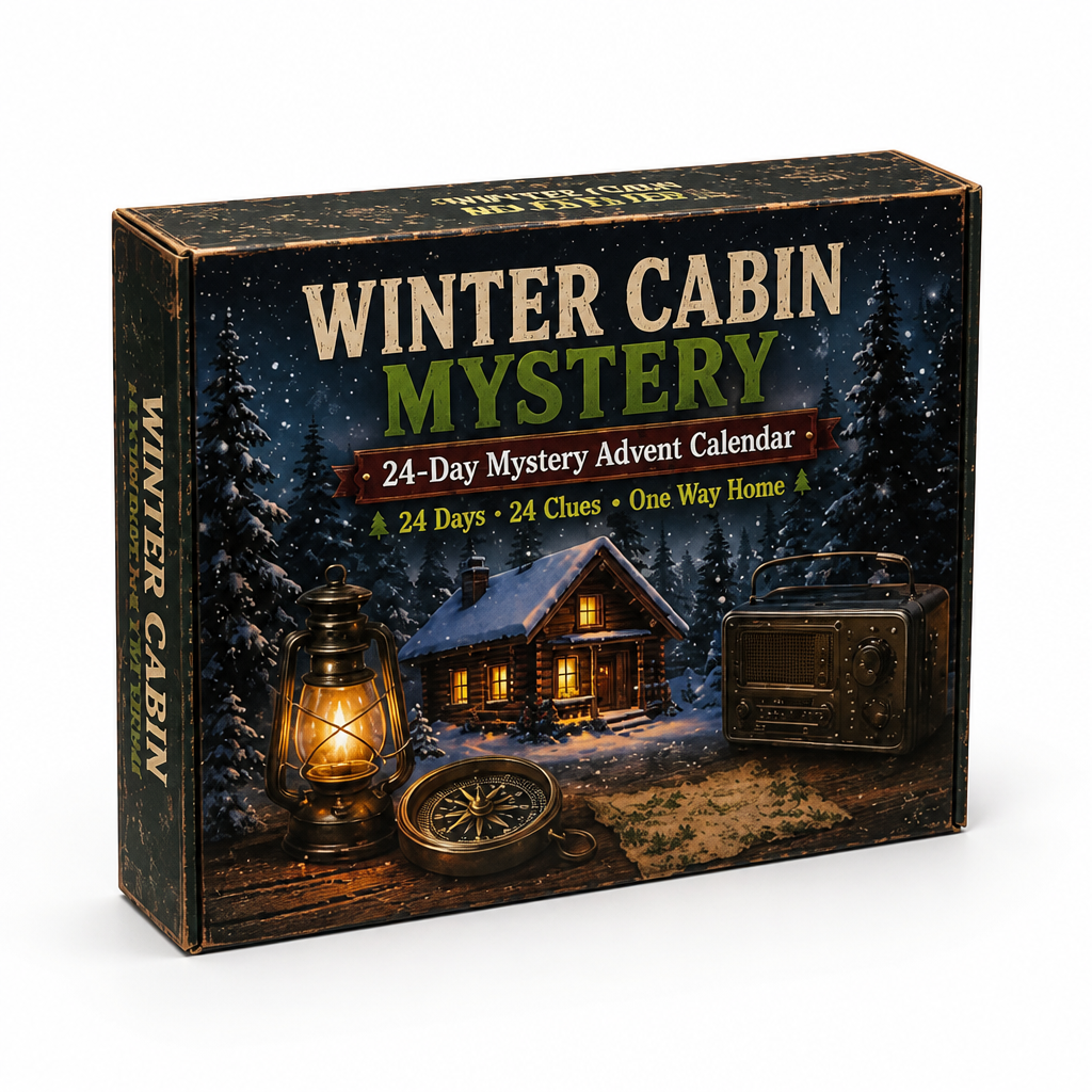 Winter cabin-themed box showing a snowy log cabin among pines with a lantern and map.