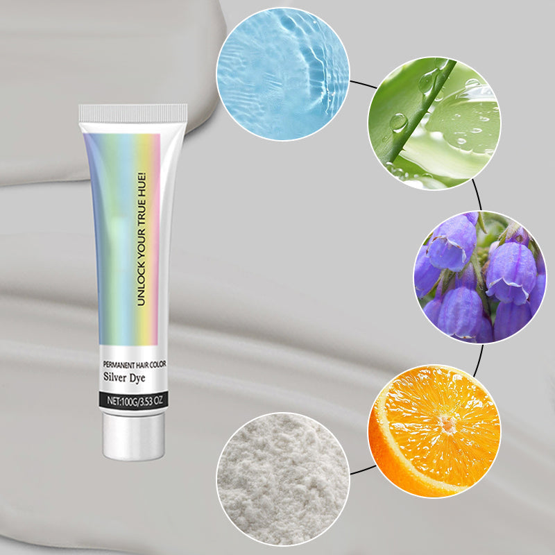Tube beside cream swatches and circular images of water, aloe, purple comfrey flowers, an orange slice and white powder. 7
