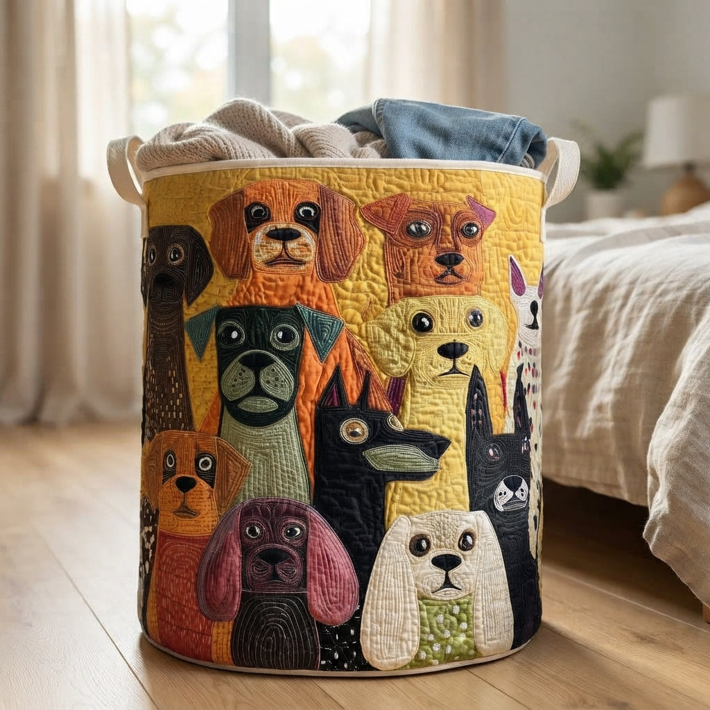 Quilted fabric laundry basket with canvas handles, another view beside a bed.