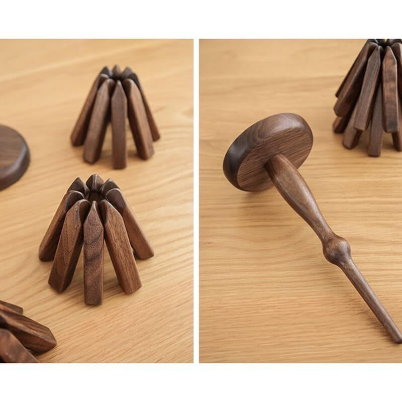 Black walnut wood table mat with folded slats and the bare stand, another view