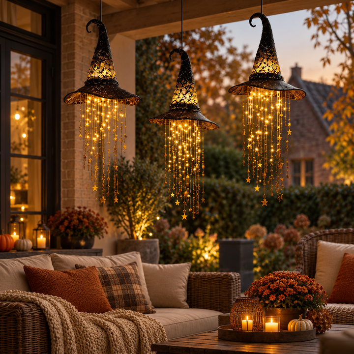 Three glowing witch hats with star strands hang over a cozy patio seating area at dusk 6