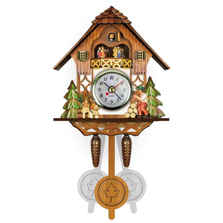 Painted wooden chalet wall clock with woodcutter figure, stacked logs, small dog, pine trees and maple-leaf pendulum 3