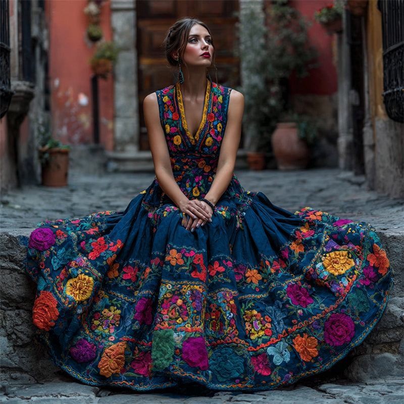 Deep navy blue embroidered maxi dress with colorful floral appliqués.