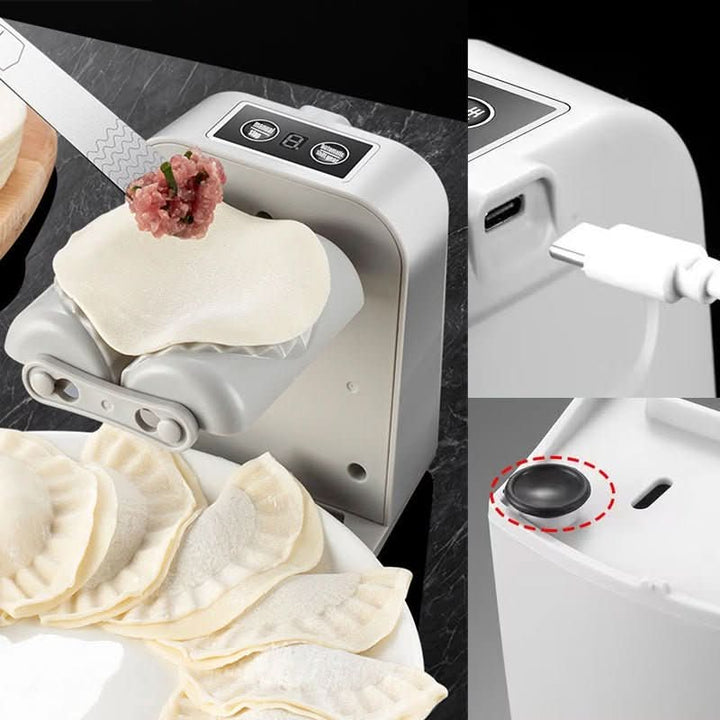 Split-view detail: a dough round being filled on the machine, a USB-C charging cable plugged into its side, and a circled round rubber button on top. 6