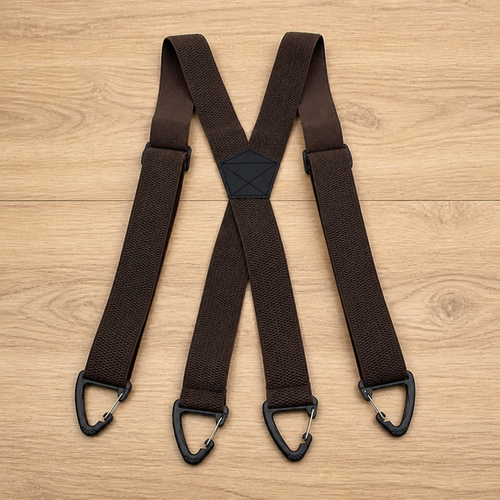 Dark brown X-back suspenders laid flat with four black triangular clips and a stitched black center patch.