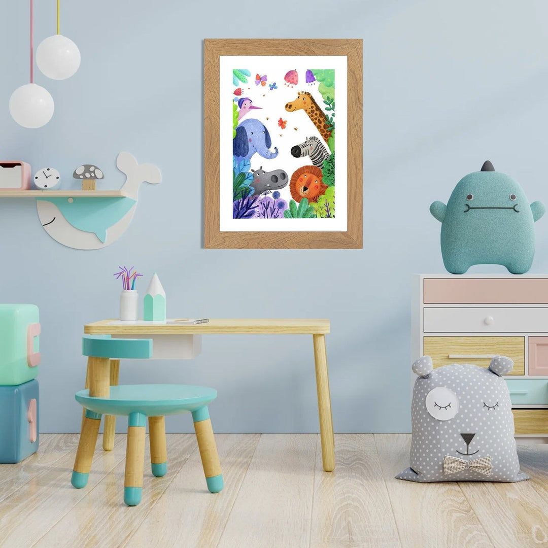 Wood-tone kids art frame on a light blue nursery wall showing a colorful jungle animals illustration.