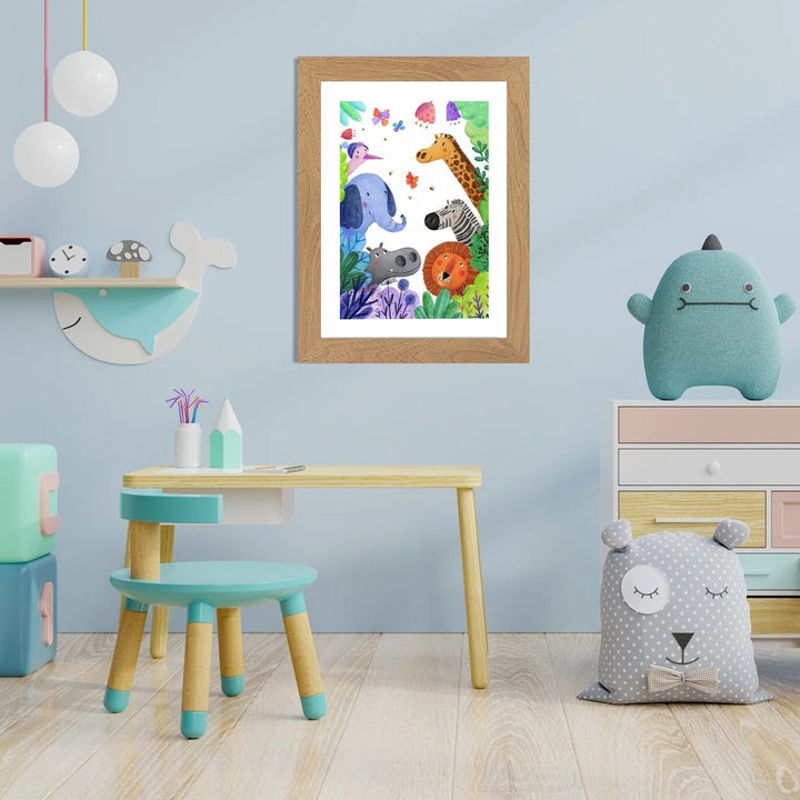 Wood-tone kids art frame on a light blue nursery wall showing a colorful jungle animals illustration.