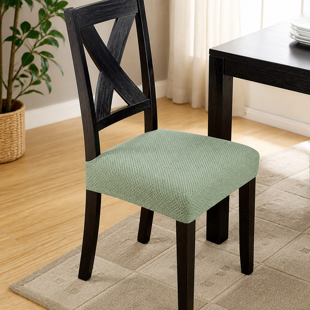 Green textured chair cover on a black X-back dining chair, another view.