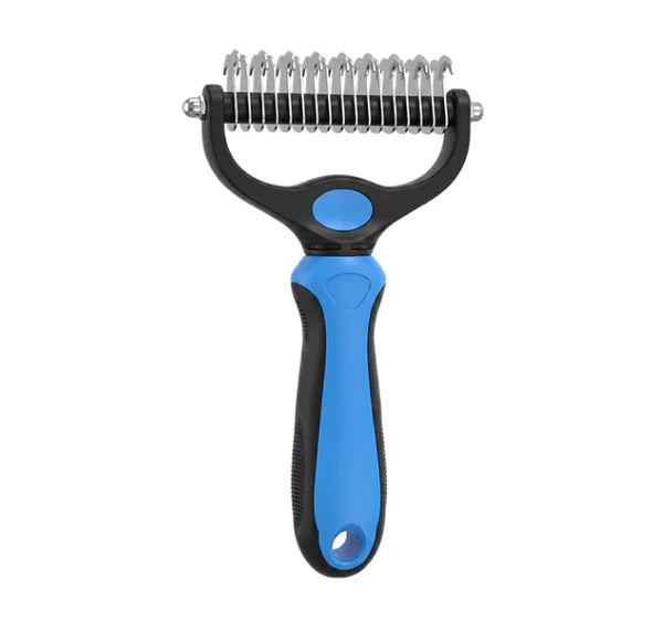 Blue and black rake angled to show the curved side of the metal teeth 18