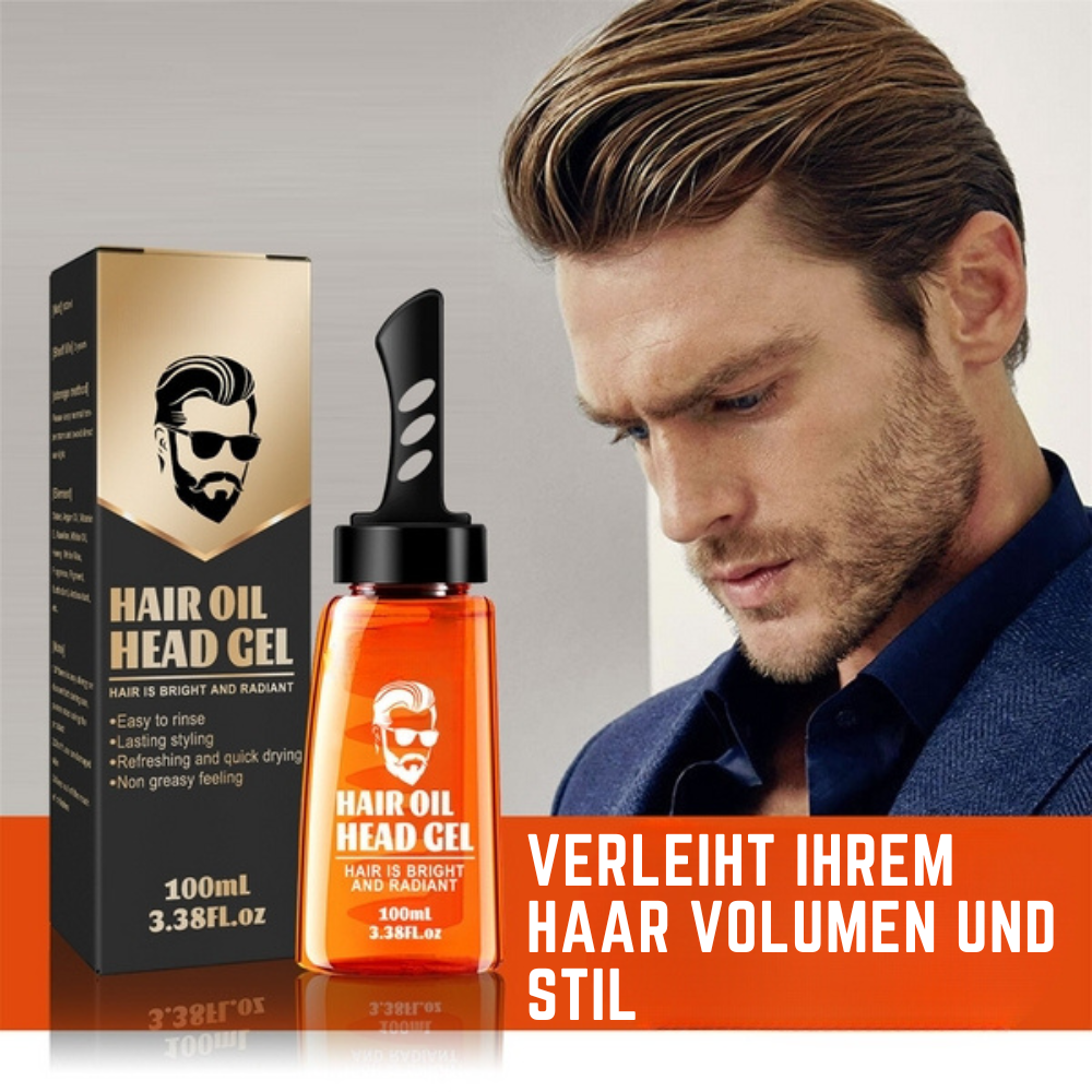 Gel bottle and box beside a close-up of a man with styled, swept-back brown hair and stubble.