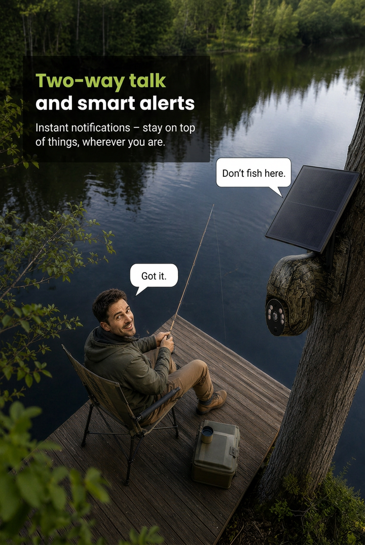 Man fishing on a lake dock talking through the camera's two-way audio, with the camera and solar panel mounted on a nearby tree.