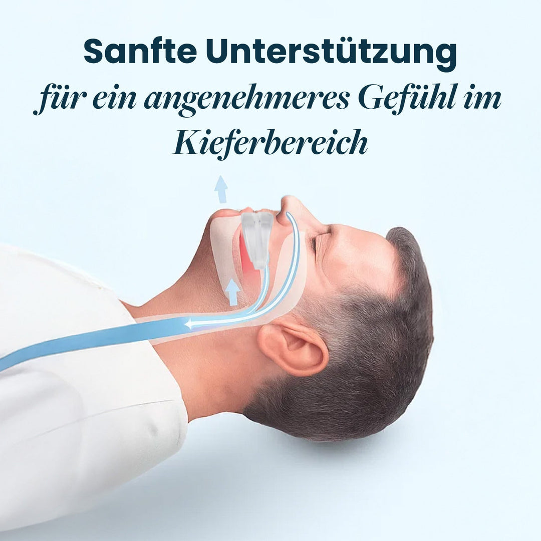 Illustration of a man lying on his back with the recovery mouthpiece in place and blue arrows showing airflow.