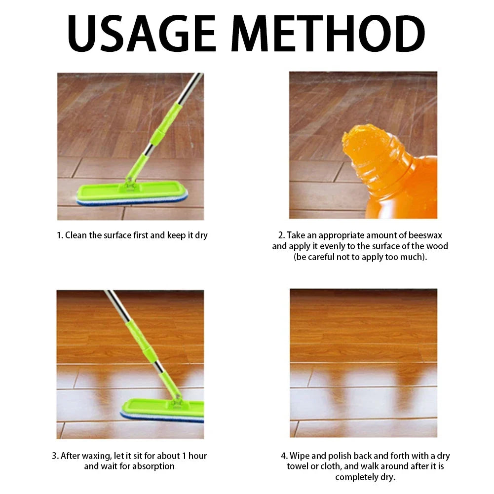 Four-step usage guide showing a mop on a wood floor, applying the wax, and polishing 6