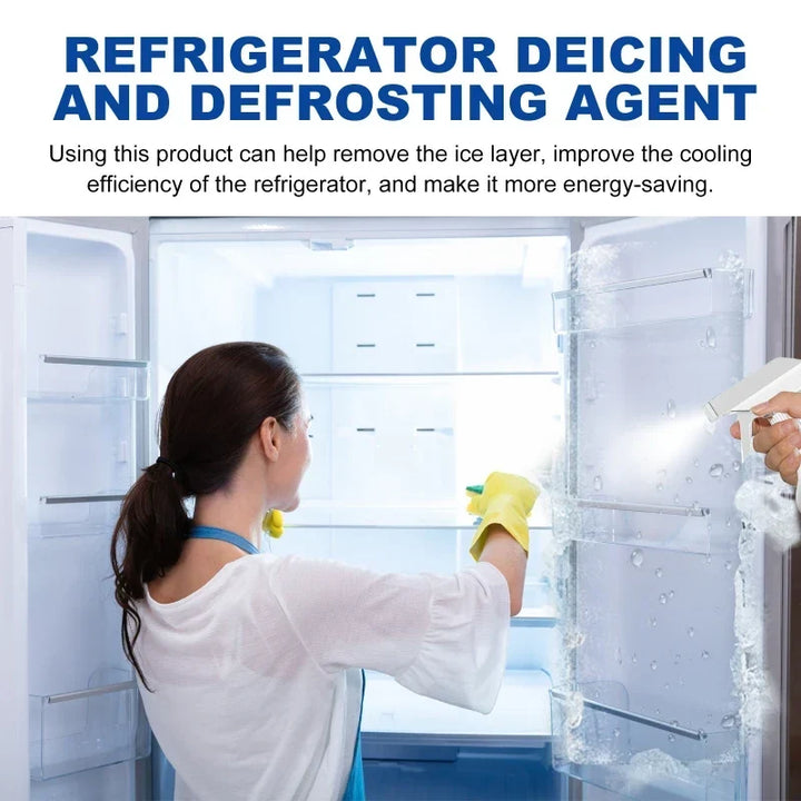 Woman in yellow gloves wiping fridge shelves while a hand sprays water-droplet mist inside 6