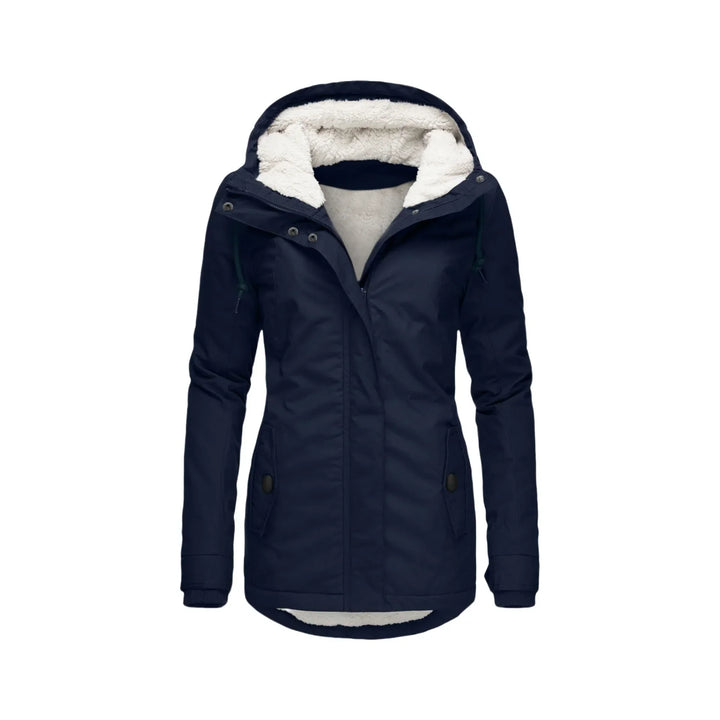 Navy blue jacket laid flat with the zipper open, exposing the plush white fleece lining 6