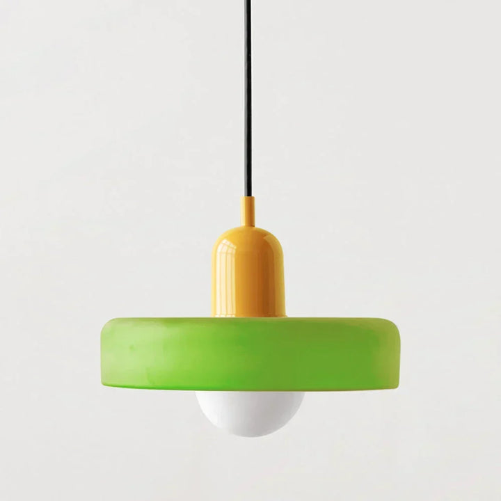 Bauhaus Stained Glass Pendant Lamp with a green disc shade and a glossy yellow cap