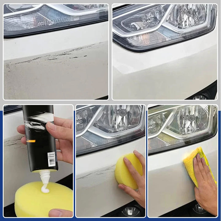 Step-by-step sequence on a white car bumper: scratched surface, paste applied to a yellow sponge, rubbed on, then buffed with a yellow cloth. 6
