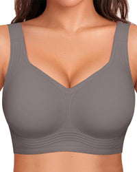 Small front view of the bra in solid gray with wide straps and ribbed lower band. 13