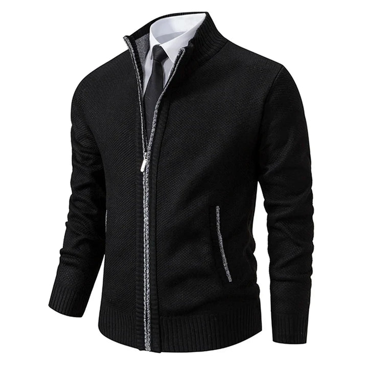 Black knit zip cardigan at an angle with contrasting gray trim along the zipper and pockets 6