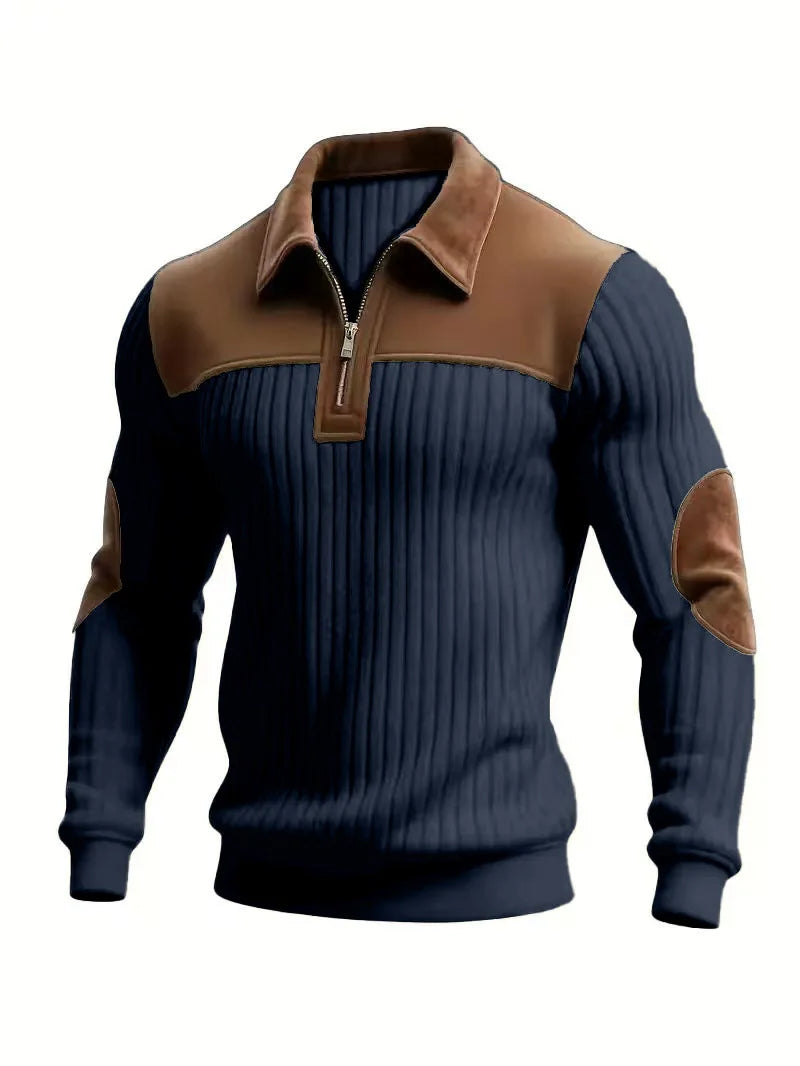 Navy blue ribbed pullover on a ghost mannequin, with brown collar, shoulder panels and elbow patches 6