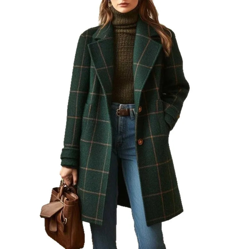 Green checked coat worn open with a turtleneck and jeans on a plain white background 6
