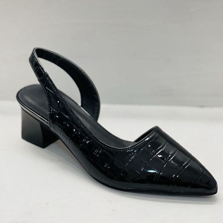 Black glossy croc-embossed pointed slingback with elastic back strap, photographed from the front on a white surface 6