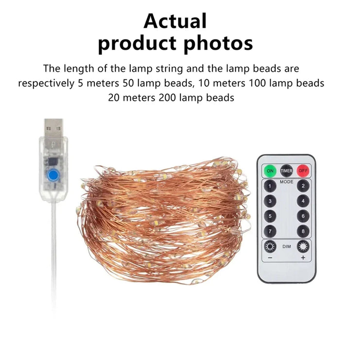 Unlit copper wire light string beside its USB controller and remote, with length and bead count notes 6