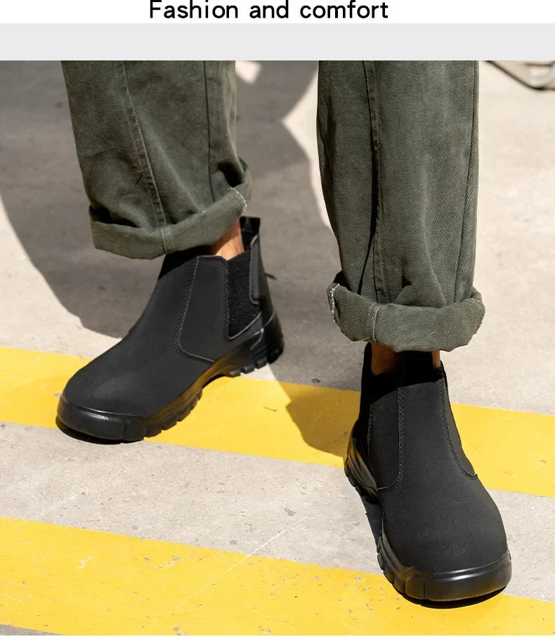 Pair of black boots worn with rolled olive pants, standing on a yellow-striped concrete surface 6