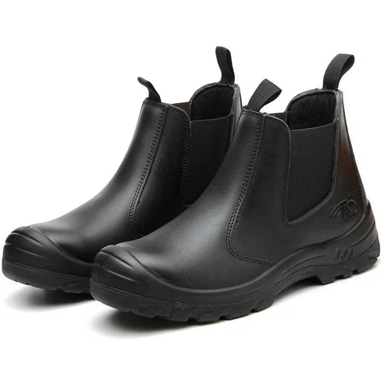 Pair of black leather pull-on boots standing together, showing the toe caps, elastic panels and pull tabs 6
