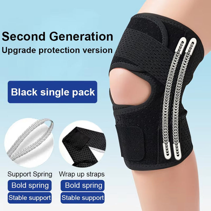 Black open-patella knee brace with two metal side springs and a hook-and-loop strap, with detail circles of the spring and strap. 8
