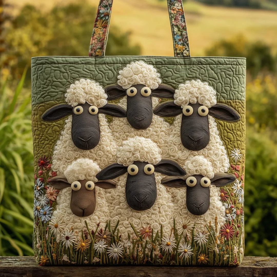 Green handmade soft quilted bag with a graphic-print design, shown from the front.