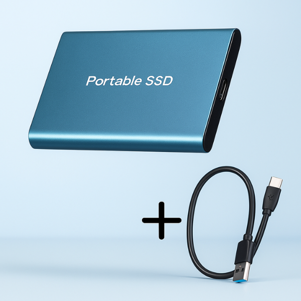 Black slim metal portable drive with a USB cable.