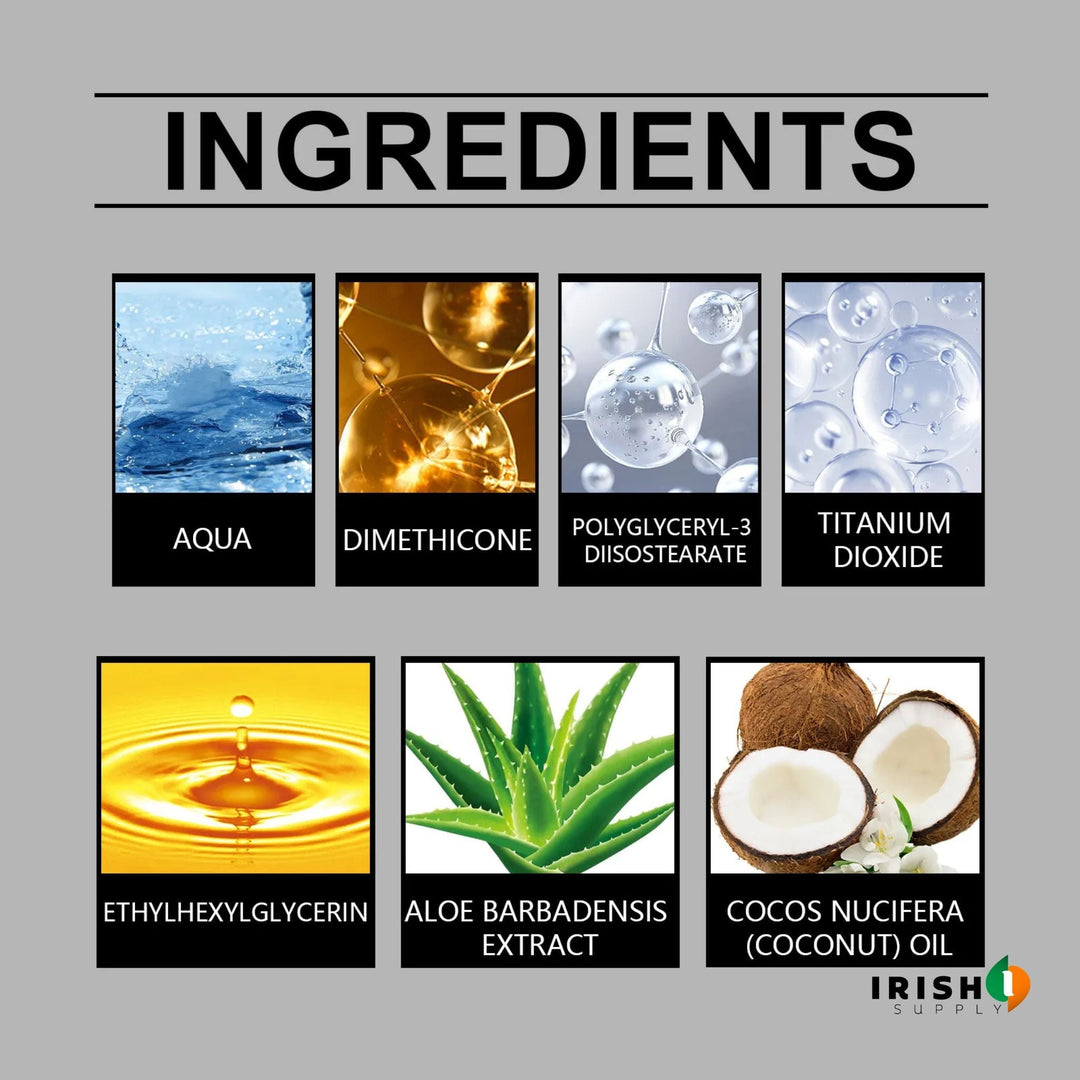Ingredient infographic with seven tiles, including water, dimethicone, titanium dioxide, aloe extract and coconut oil.