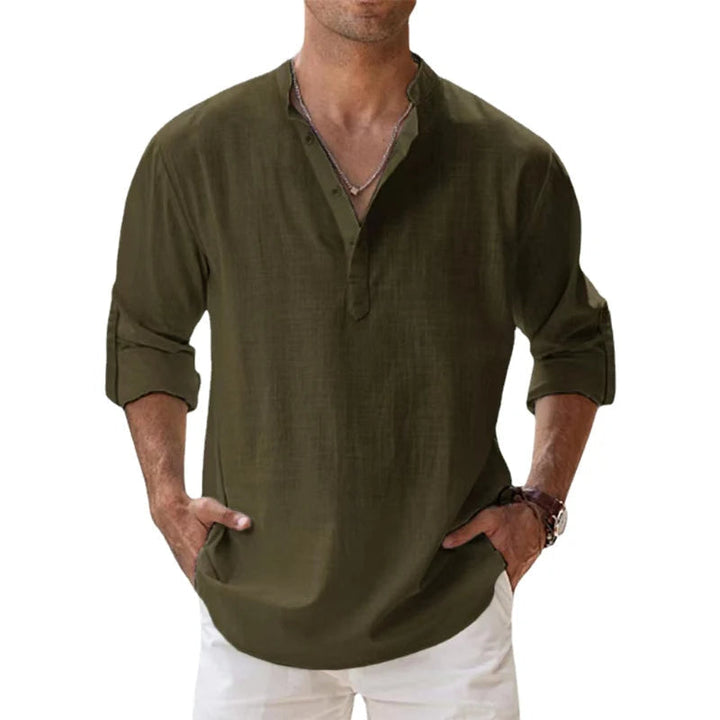 Men's linen Henley shirt in olive green with rolled sleeves and a stand collar.