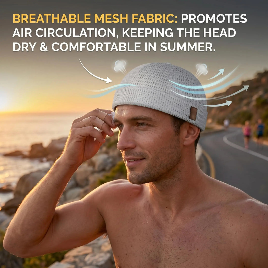 Shirtless man in a light gray mesh cap wiping his forehead at a seaside sunset 6