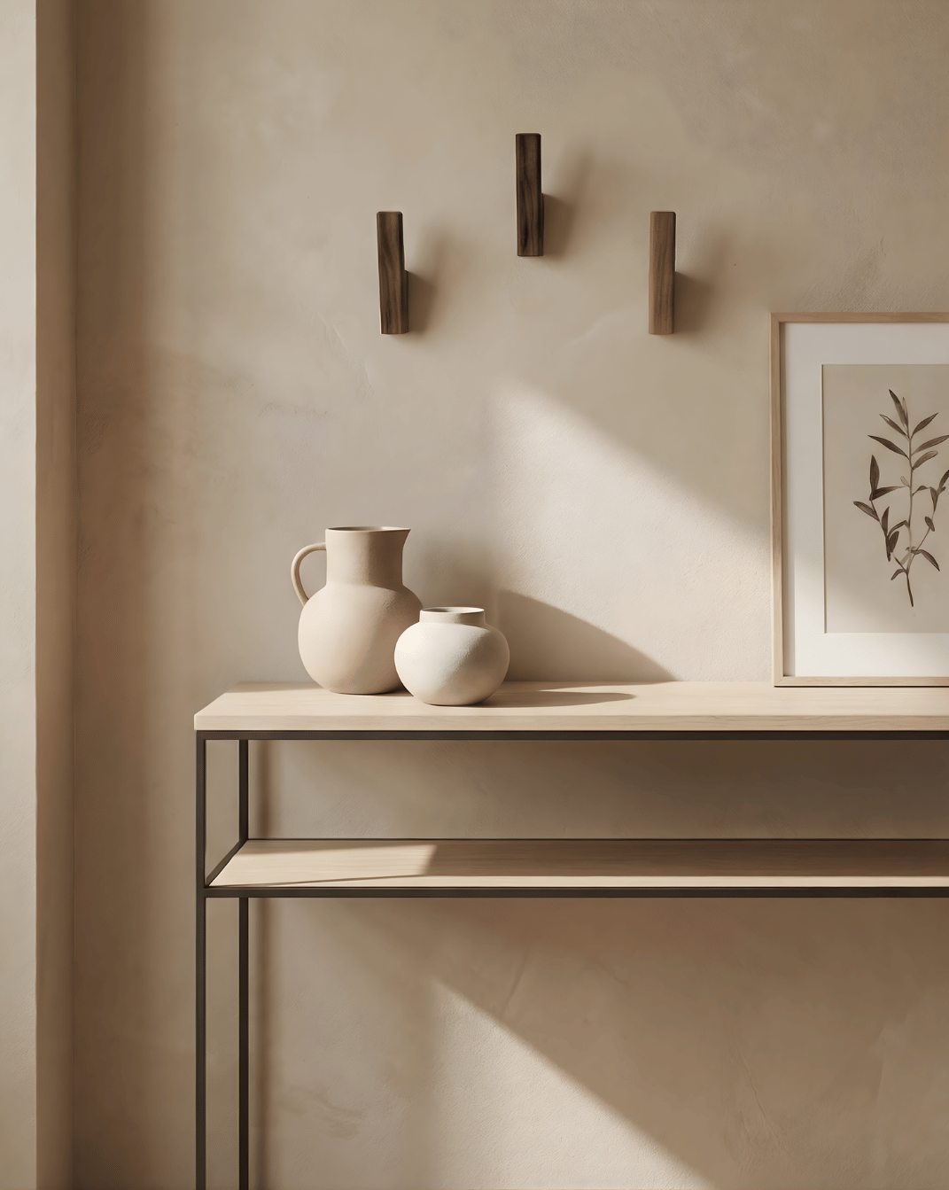 Three dark wood hooks mounted in a triangle above a slim console table with cream ceramic vases and a framed botanical print. 3