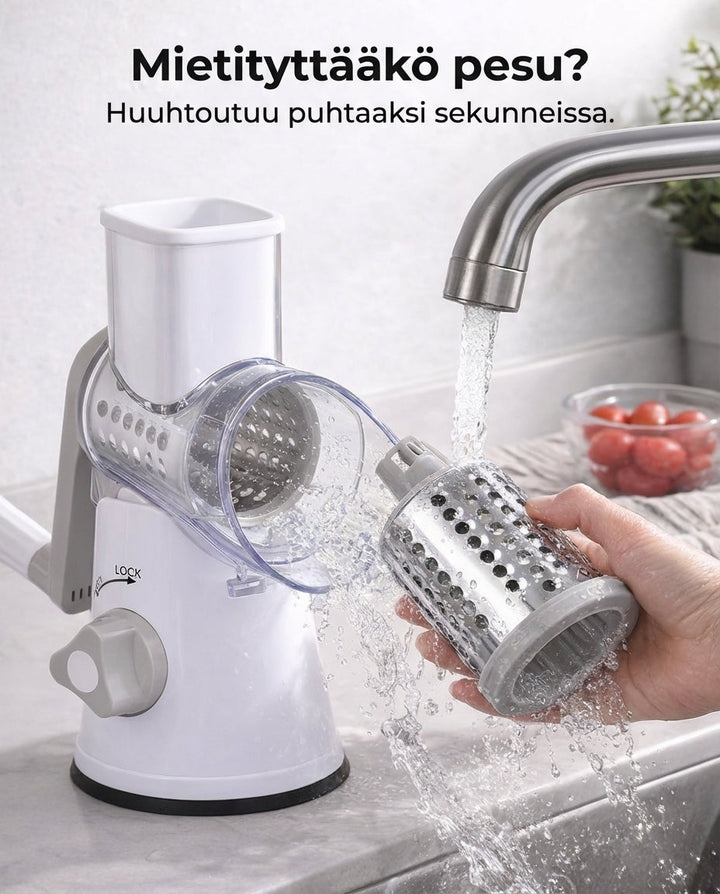 Hand rinsing a stainless steel grating drum beside the white and gray chopper body.