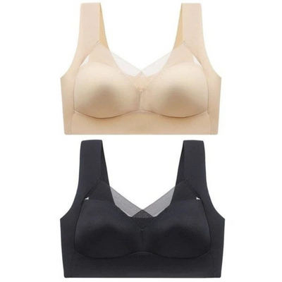 Two bras laid flat, one beige and one black, both with sheer mesh V-necklines 19