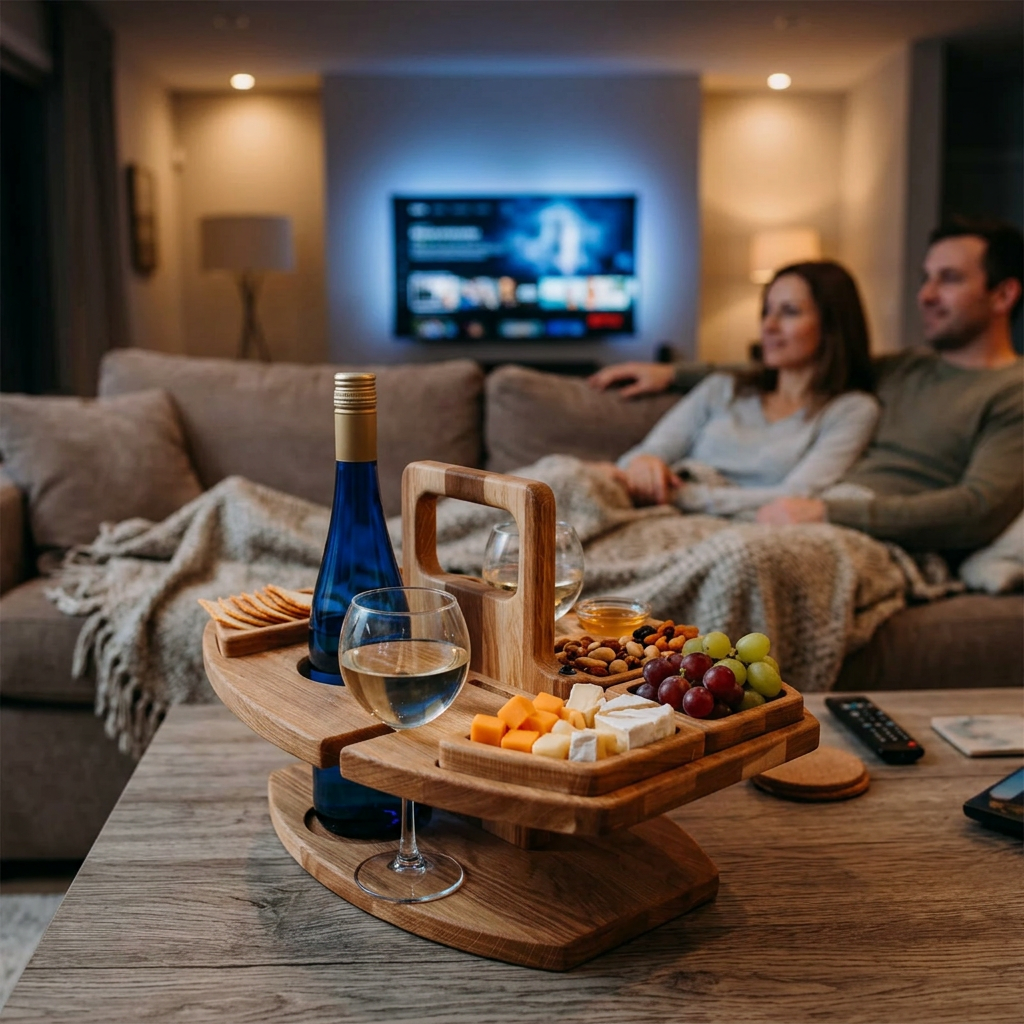 Wooden snack table on a living room coffee table with wine, cheese and grapes, couple watching TV behind 1