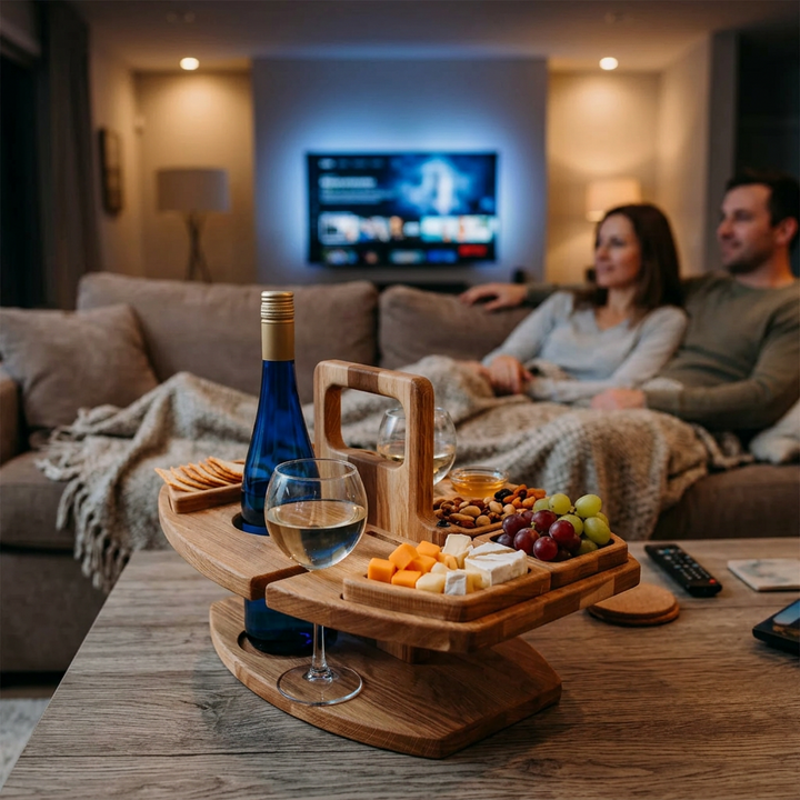 Wooden snack table on a living room coffee table with wine, cheese and grapes, couple watching TV behind 1