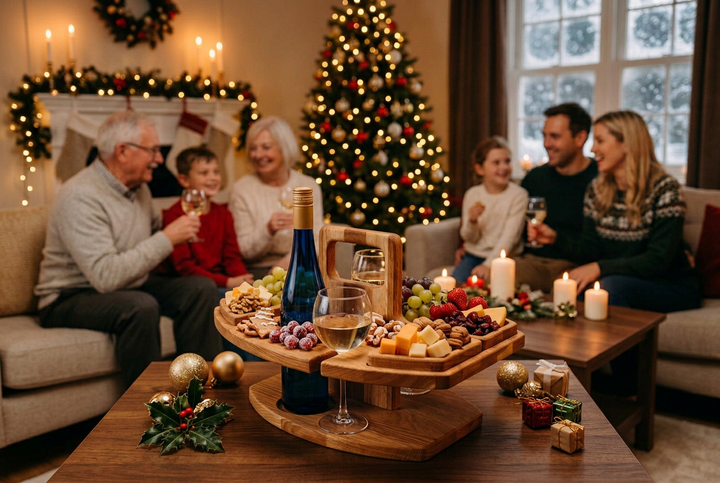 Wooden serving board with wine bottle, glass and snacks on a coffee table as a family gathers by the Christmas tree 1