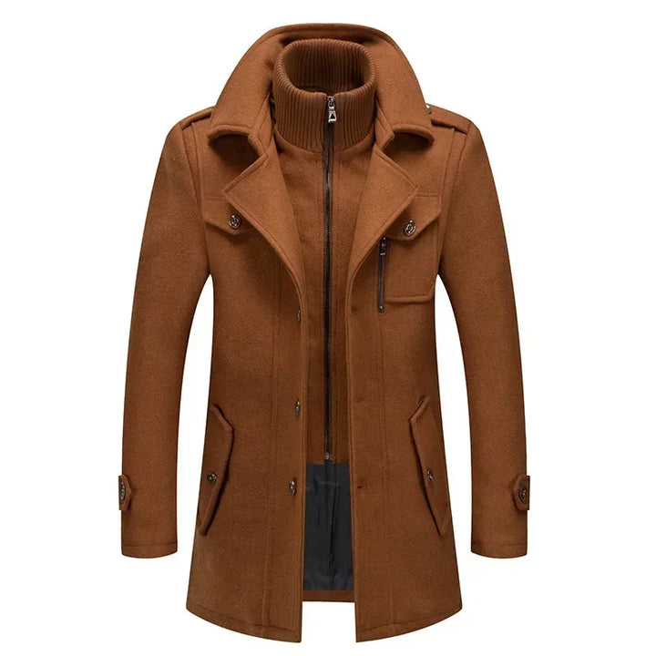 Camel brown coat from the front, with ribbed knit collar layer and button flap pockets 6