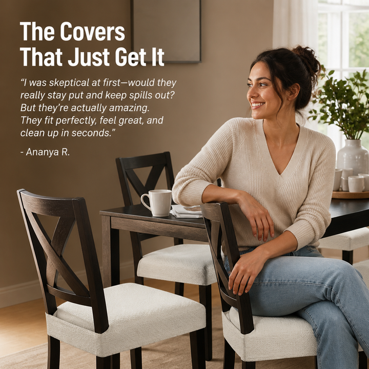Woman sitting on a dining chair with cream seat covers, another view.