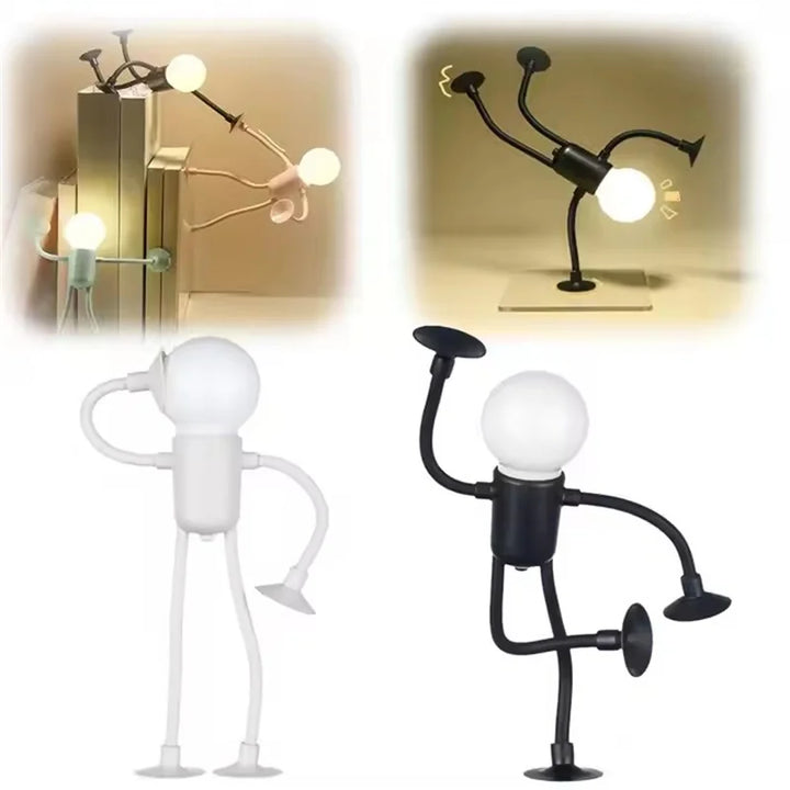 Black and white figure lights shown in different poses, with small scenes of the figures climbing books and doing a 6