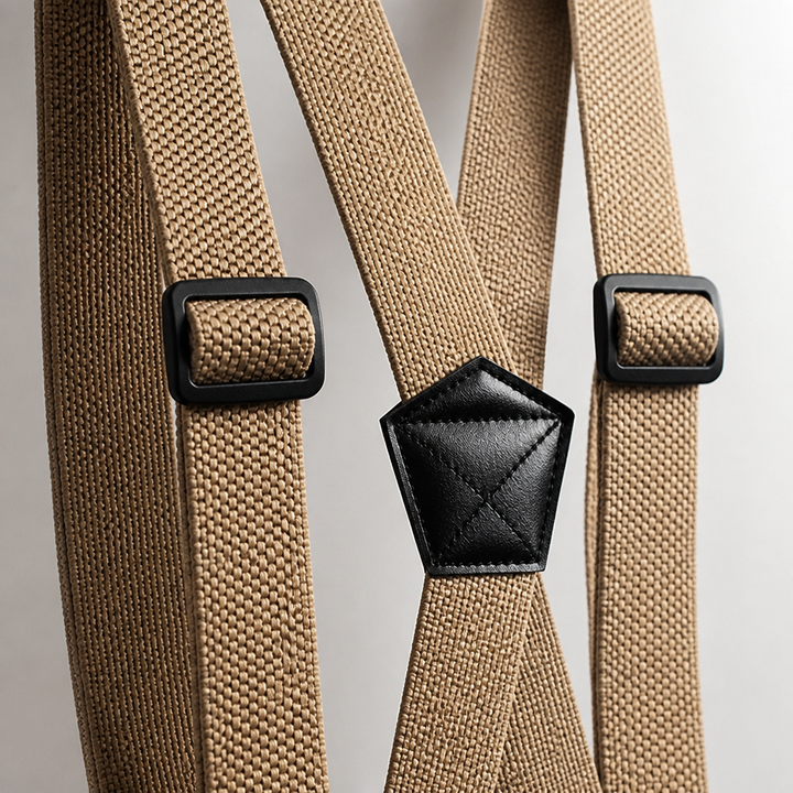 Detail of tan elastic suspenders crossing at the center patch with two slide adjusters.