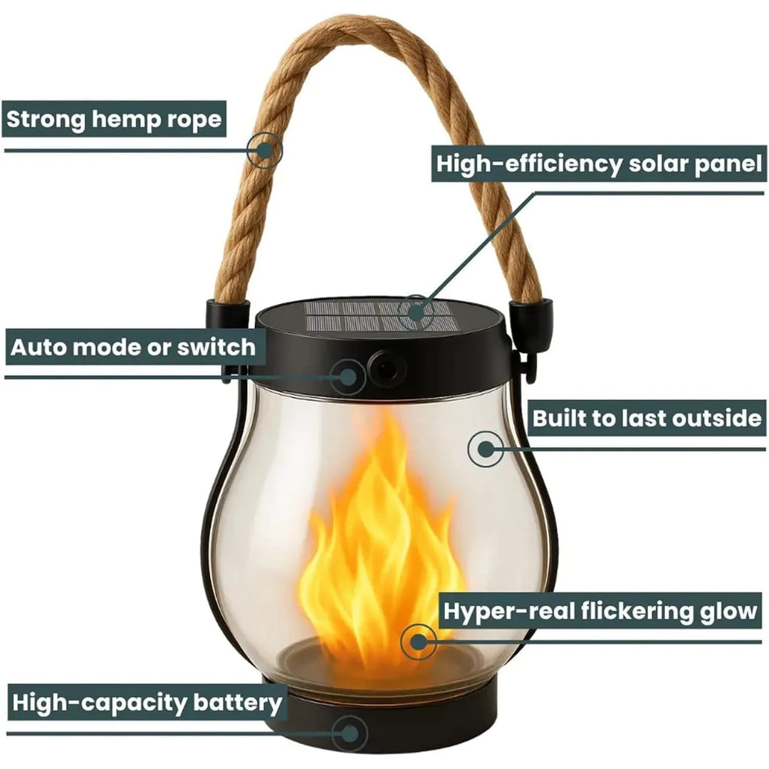Lantern with callouts pointing to the rope handle, solar panel, mode switch, glass body and battery 6