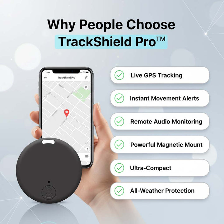 Black round tracker beside a smartphone showing a street map with a red pin and a checklist.