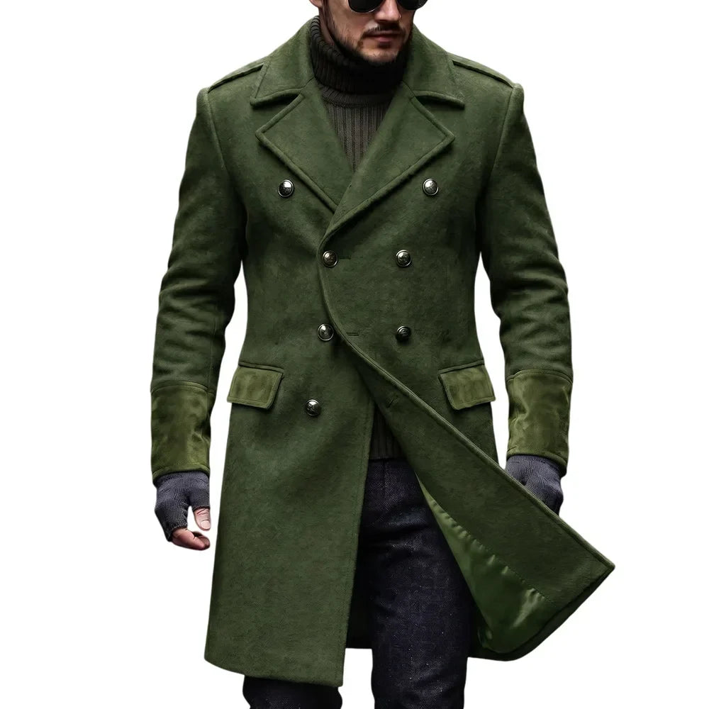 Olive green double-breasted overcoat on a model, front view with the coat panel open showing the green lining 6