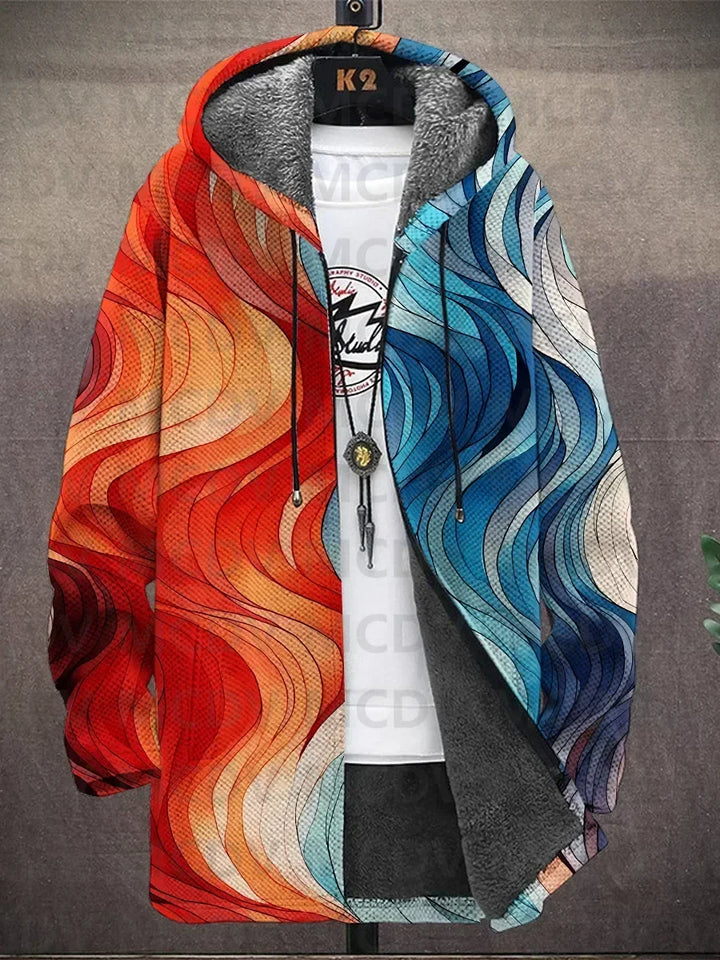 Hooded jacket on a hanger split between flowing orange-red waves and blue waves, open to show fleece lining 6